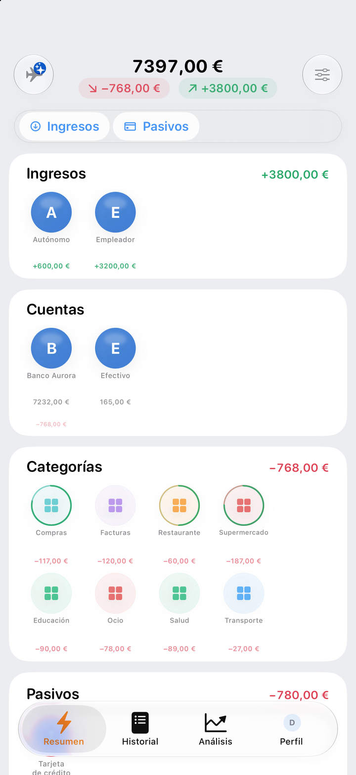 Resumen de Fevault con ingresos, cuentas y categorías