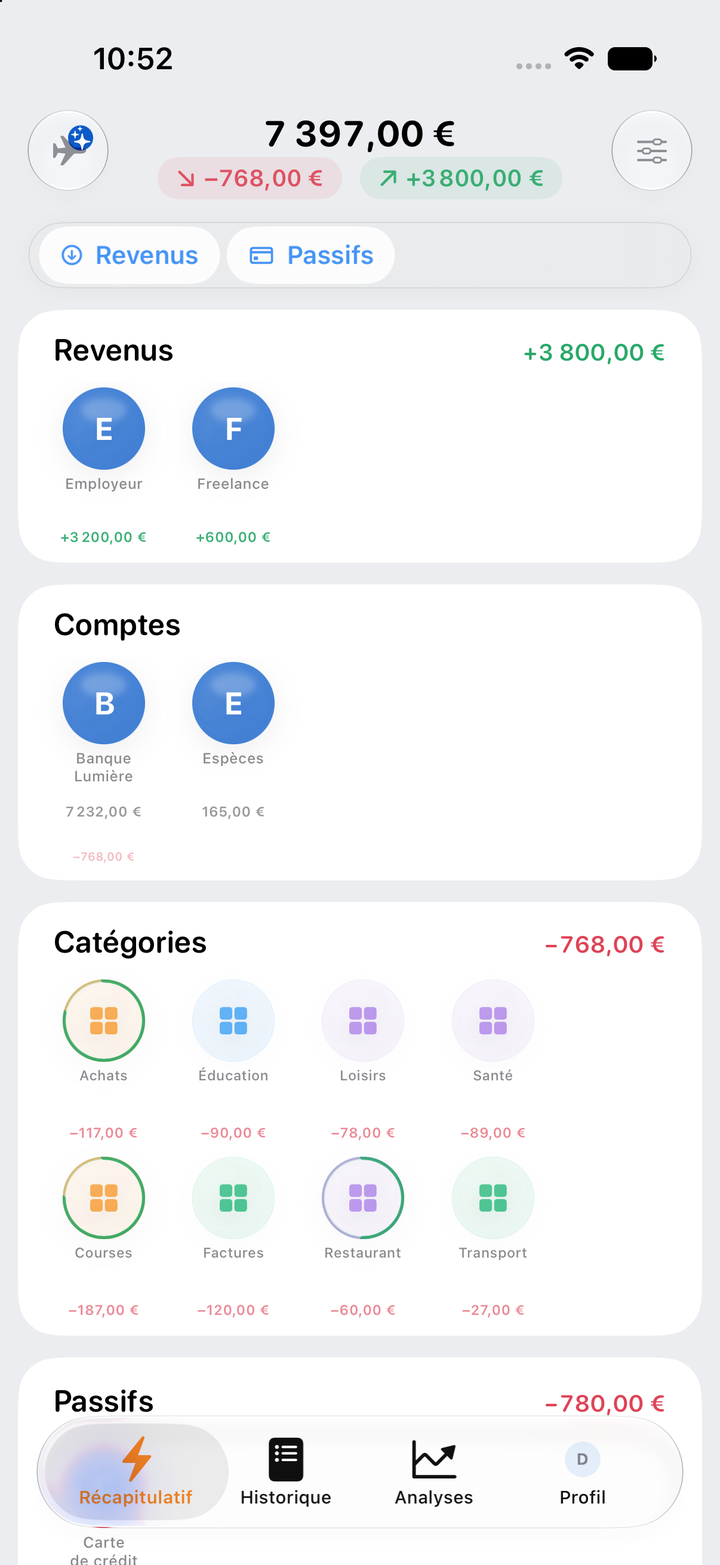 Résumé de Fevault avec revenus, comptes et catégories