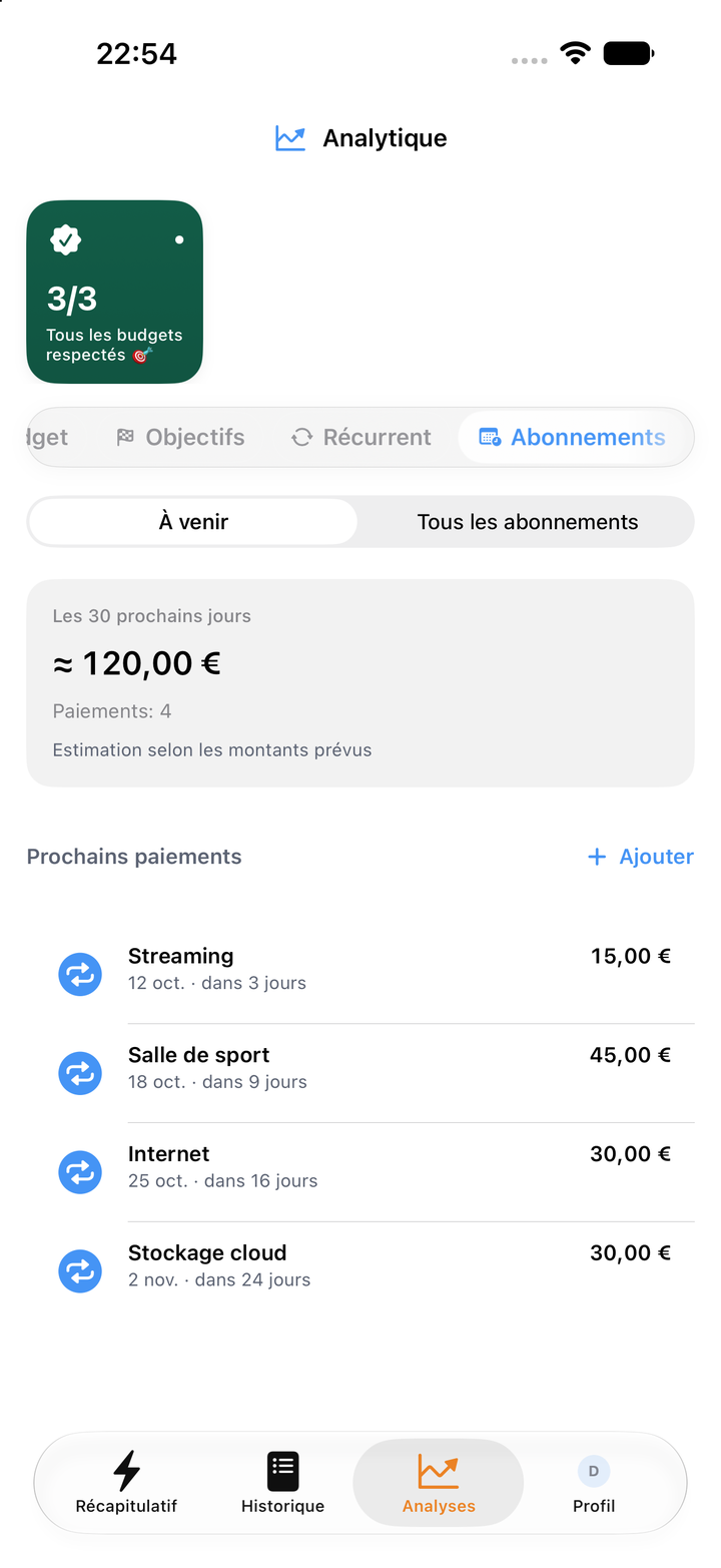 Abonnements et prochains paiements